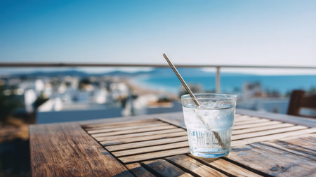 A refreshing glass of water with a straw sits on a wooden table, offering a stunning view of the coast under a clear blue sky. Perfect for relaxation.の素材