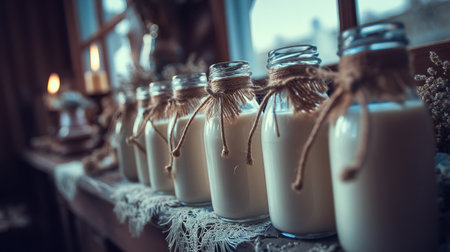 A charming display of rustic glass milk bottles tied with twine, arranged on a wooden table amid soft lighting, creating a cozy atmosphere.の素材
