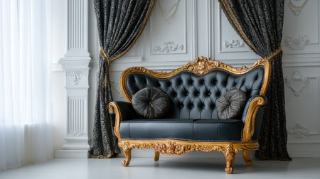 This photograph showcases an elegant vintage sofa with ornate details and plush cushions, set against luxurious draped curtains in a stunning interior.の素材