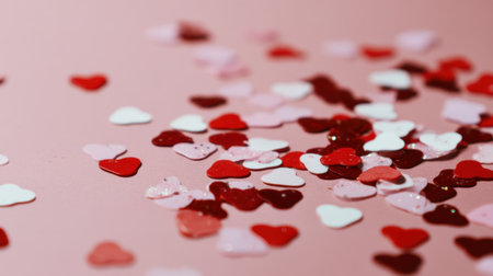 A vibrant display of colorful heart confetti scattered across a soft pink surface, perfect for adding a festive touch to celebrations and romantic events.の素材
