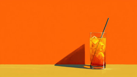 A bright and artistic scene featuring a glass of iced beverage with ice cubes, set against a bold orange wall and soft yellow surface.の素材