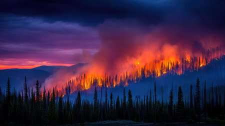A striking image showcasing the intense colors of a forest fire at sunset. The vibrant flames and smoke rise dramatically against a mountainous backdrop, highlighting nature's beauty and destruction.の素材