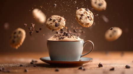 Experience the delightful moment of chocolate chip cookies levitating above a steaming cup of coffee, evoking warmth and indulgence.の素材