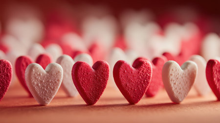 A visually appealing display of colorful candy hearts in red and white, perfect for romantic settings, celebrations, or sweet decorations.の素材