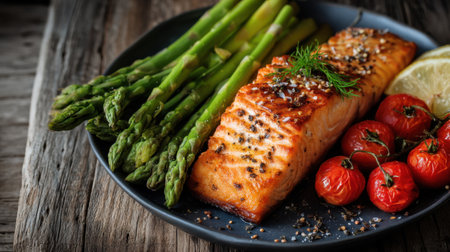 A beautifully arranged plate featuring grilled salmon alongside fresh asparagus and cherry tomatoes. Perfect for healthy culinary dishes.の素材