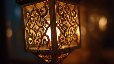 This image showcases an elegant ornate lamp with intricate designs, emitting a warm glow in a softly lit room, enhancing the ambiance beautifully.の素材