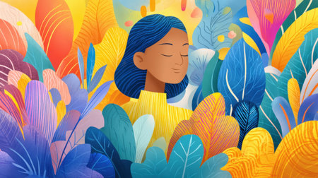 This stunning illustration captures a peaceful woman surrounded by vibrant foliage. The colorful design evokes feelings of tranquility, creativity, and nature.の素材