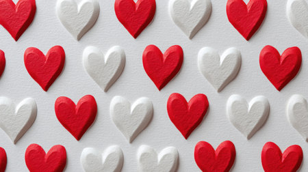 A charming pattern of red and white hearts arranged playfully, perfect for romantic themes, decorations, and creative projects that evoke joy and love.の素材