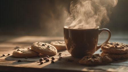 A warm cup of coffee releases aromatic steam, accompanied by freshly baked cookies on a rustic wooden table, evoking irresistible comfort.の素材