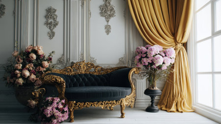 This elegant vintage interior features an ornate sofa surrounded by beautiful floral arrangements and golden drapes, embodying luxurious decor.の素材