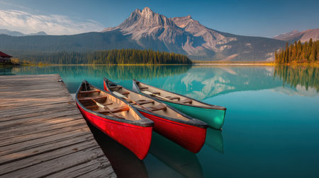 A picturesque scene showcasing three colorful canoes on a calm lake, with stunning mountains reflecting in tranquil water at sunrise.の素材