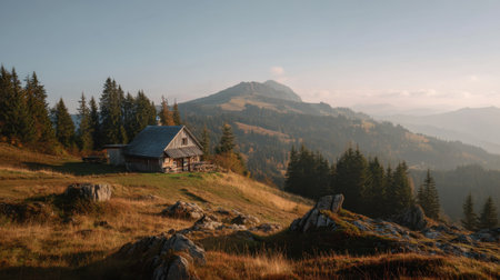 A beautiful mountain landscape featuring a rustic wooden cabin surrounded by lush trees and rolling hills at dawn, perfect for nature lovers.の素材