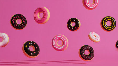This image features an array of colorful donuts soaring through the air against a vibrant pink background, embodying a playful and cheerful theme perfect for dessert-related content.の素材
