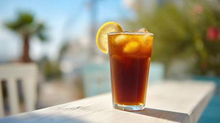 A beautiful glass of iced tea perched on a wooden table, featuring a slice of lemon, perfect for a relaxing summer day by the pool.の素材