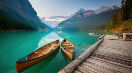 A serene view of two wooden canoes floating gently on a turquoise lake, framed by majestic mountains and a clear sky, perfect for nature lovers.の素材