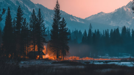 A cozy cabin glows warmly in the forest at dusk, surrounded by towering mountains and misty fog. The scene captures a serene atmosphere perfect for a peaceful retreat.の素材