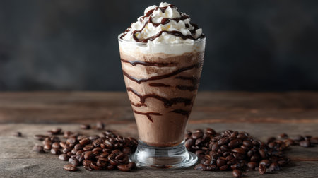 This delightful chocolate coffee beverage is topped with whipped cream and drizzled with chocolate sauce, perfect for any refreshment moment.の素材