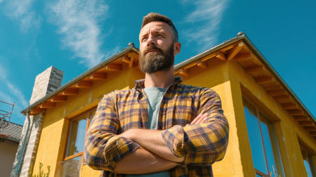 A confident man with a beard stands proudly in front of a modern yellow house, basking in the bright sunlight and enjoying the serene surroundings.の素材