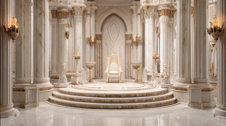 A stunning view of an elegant throne room showcasing ornate marble columns, intricate details, and soft lighting, ideal for fantasy scenes and royal imagery.の素材