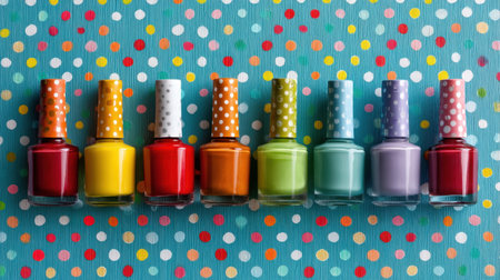 A delightful arrangement of colorful nail polish bottles lined up on a vibrant polka dot background. This image captures the playful essence of beauty and creativity, perfect for fashion or cosmetic themes.の素材