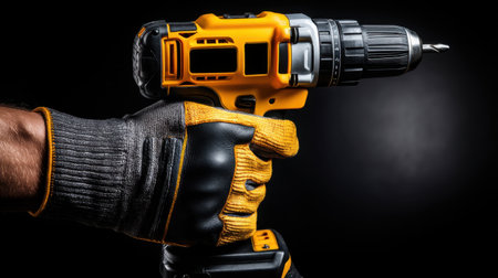This image features a close-up view of an electric drill held firmly in a gloved hand, showcasing essential power tool usage in construction and DIY projects.の素材