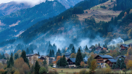 A breathtaking view of a quaint mountain village nestled among colorful autumn trees and surrounded by misty clouds, creating a tranquil scene.の素材