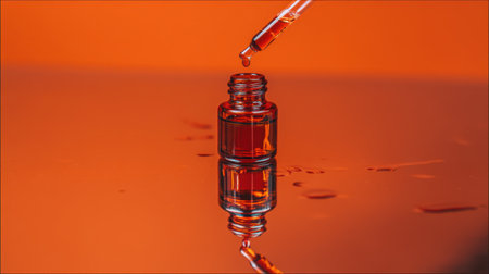 A mesmerizing close-up of a dropper releasing a red liquid into a small glass bottle, set against a bright orange background. This striking image captures the essence of beauty and innovation.の素材