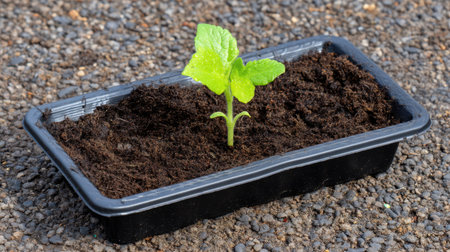 A young green seedling emerges from dark soil in a black tray, representing new beginnings in gardening or agriculture. Perfect for nature themes.の素材