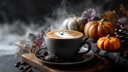 A cozy scene featuring a steaming cup of coffee with ghostly latte art, surrounded by autumn pumpkins and warm decorations for a festive atmosphere.の素材