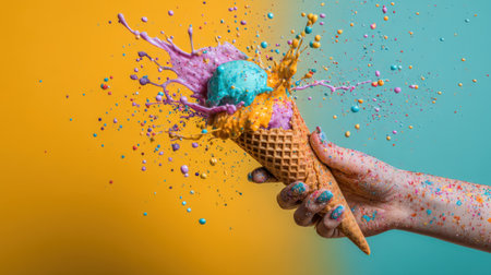 This dynamic image captures a vibrant ice cream cone with colorful splashes and a playful background, perfect for summer themes and artistic projects.の素材
