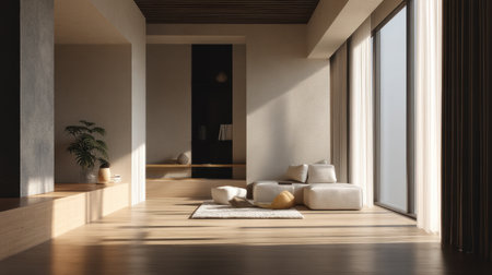 This image captures a serene and modern living room with ample natural light, featuring minimalist furniture, soothing colors, and a peaceful ambiance.の素材