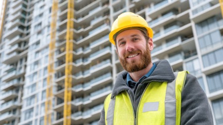 A confident male construction worker stands smiling at a modern building site, wearing a hard hat and safety vest against a vibrant background.の素材