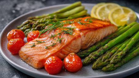 A beautifully presented grilled salmon fillet served with fresh asparagus, cherry tomatoes, and lemon slices. Perfect for healthy meal planning.の素材