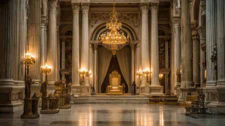 Envision a grand palace interior featuring a majestic throne, ornate chandelier, and stunning columns, radiating elegance and luxury. The warm lighting enhances the tranquil ambiance, creating a majestic atmosphere perfect for royal gatherings.の素材