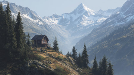 A stunning mountain landscape featuring a rustic wooden cabin nestled among pine trees, surrounded by magnificent snow-capped peaks and clear blue skies.の素材