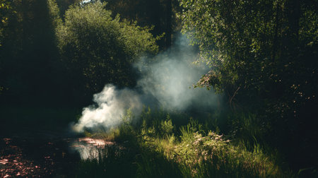 This image captures a calming forest landscape, showcasing light fog hovering over lush greenery and a reflective water body, perfect for nature themes.の素材