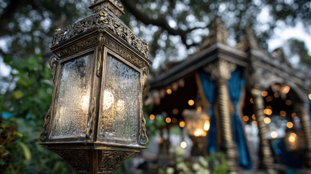 A beautifully crafted vintage lantern provides soft illumination against an elegantly decorated outdoor venue, ideal for romantic gatherings.の素材