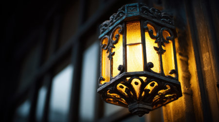 A beautifully designed vintage lantern hangs softly, illuminating its surroundings with a warm glow. This charming piece adds character and elegance to any architectural setting, creating a cozy atmosphere.の素材