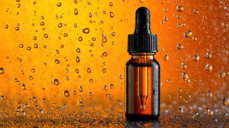 A stunning amber glass dropper bottle filled with liquid sits against a vibrant orange backdrop, enhanced by sparkling water droplets, ideal for wellness and skincare promotions.の素材