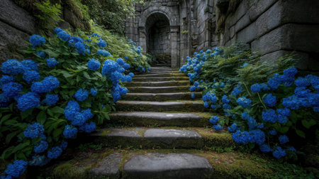 A serene stone pathway flanked by vibrant blue hydrangeas leads to an ancient archway, blending nature and architecture in a tranquil setting.の素材