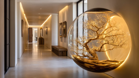 A captivating modern interior showcasing a glowing tree sculpture within an orb. The elegant hallway design features smooth walls and warm lighting, enhancing tranquility and beauty.の素材