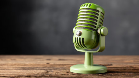 A vibrant green retro microphone stands on a wooden table against a blurred dark background, perfect for music and podcast themes.の素材