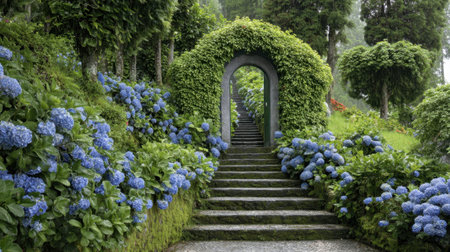 A captivating garden pathway adorned with blooming hydrangeas leads through a natural archway, inviting visitors into a tranquil green paradise.の素材