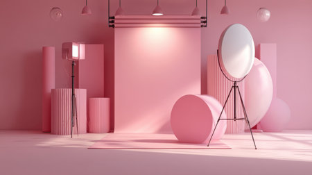 A soft pink studio setup featuring cylindrical shapes, a mirror, and a smooth background, perfect for creative photography or design projects.の素材