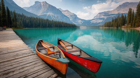 Explore a tranquil lake scene featuring colorful canoes resting on a wooden dock. Surrounded by majestic mountains and lush forests, this serene landscape invites adventure and relaxation in nature.の素材