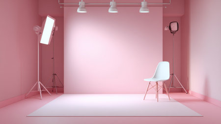 A serene photography studio featuring soft pink walls and bright lighting, ideal for creative projects. Emphasizing minimalism, the space showcases a simple white chair and clean design. Perfect for artistic shoots and photo sessions.の素材