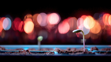 A close-up view of a seedling sprouting from the soil, set against a vibrant bokeh background, symbolizing growth and new beginnings.の素材
