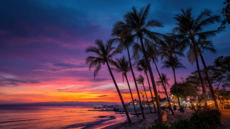 Experience the enchanting beauty of a tropical beach at sunset, featuring silhouettes of palm trees against a vibrant sky adorned with warm colors.の素材