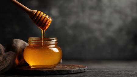 A mesmerizing scene of golden honey being drizzled from a wooden dipper into a jar, set against a soft, blurred background that enhances its inviting warmth.の素材