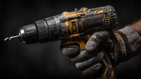 Close-up image of a person hand gripping an electric drill with a yellow and black design. Perfect for illustrating home improvement, DIY projects, and tools.の素材